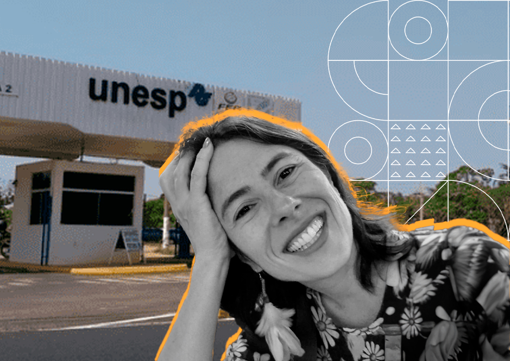 Na frente da imagem há uma foto recortada da professora Camila Medina sorrindo. A foto está em branco e preto e contornada de amarelo. Ao fundo há uma foto de um prédio com a placa "UNESP" na frente